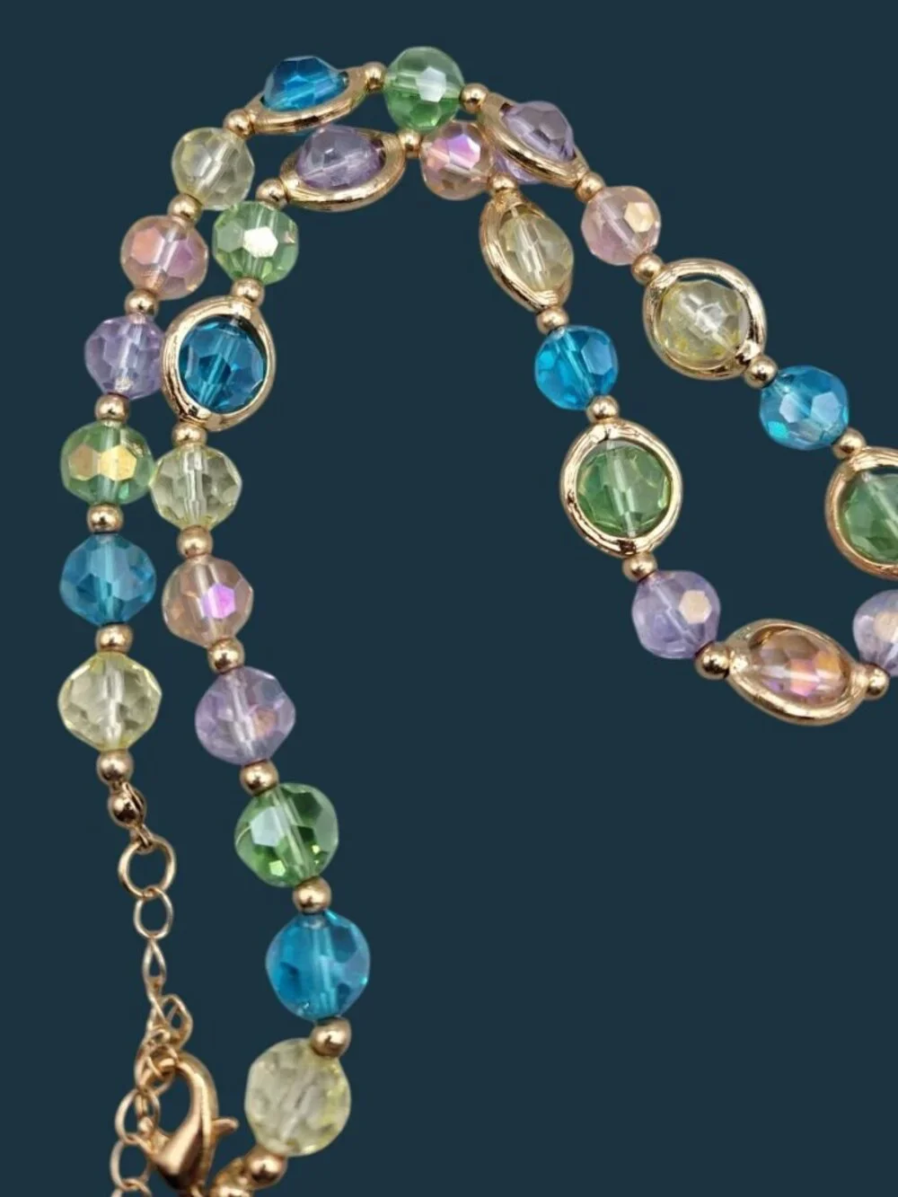 VTG Liz Claiborne Multi Color Crystal Station Necklace Gold Tone Est 1976 19